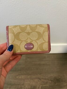 Coach Beige Signature Compact Wallet with Pink Trim